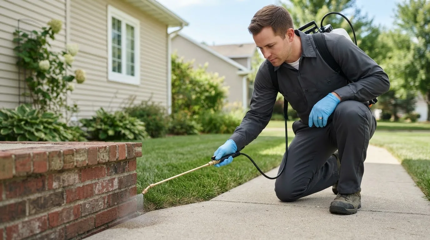 Pest control technician treating a home near O Brien, TX